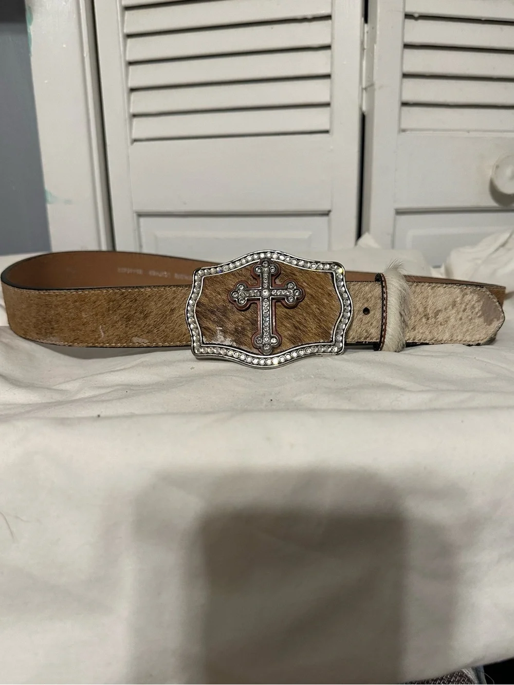 Nocona Calf Hair Belt Western Bling Cowgirl Cross Rhinestone Buckle L